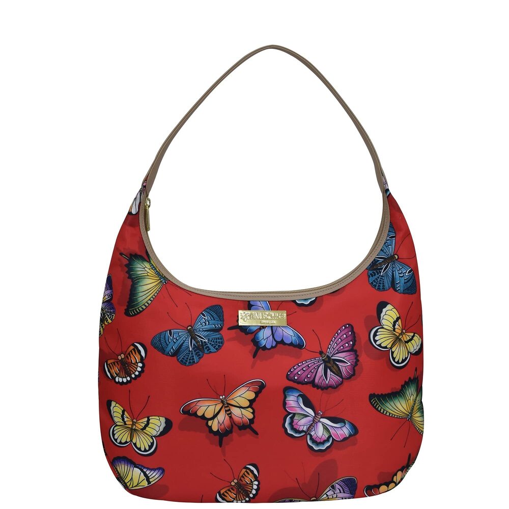 8658 Large Sling Hobo, Wanderlust Collection, Nylon Fabric, Leather Trim